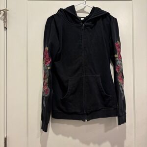 Restyle Womens Black Rose Snake Embroidered Zip Up Hoodie Goth Sweatshirt